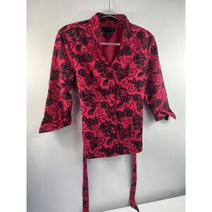 Silk Land 5 Button Blazer Women's Sz S Red Floral 3/4 Sleeve Stand Up Collar
